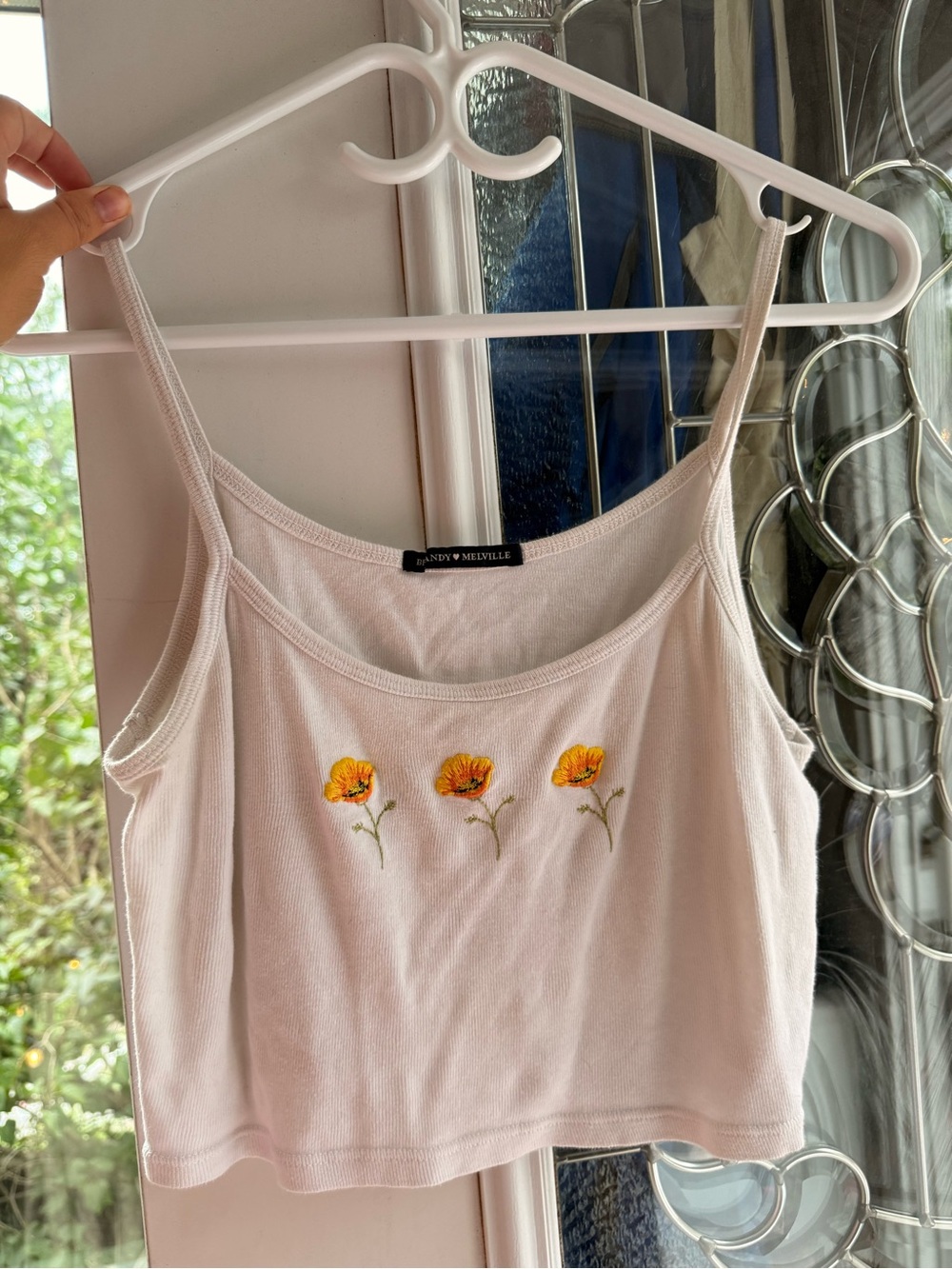 Brandy Melville White Floral Embroidered Crop Tank | Size S